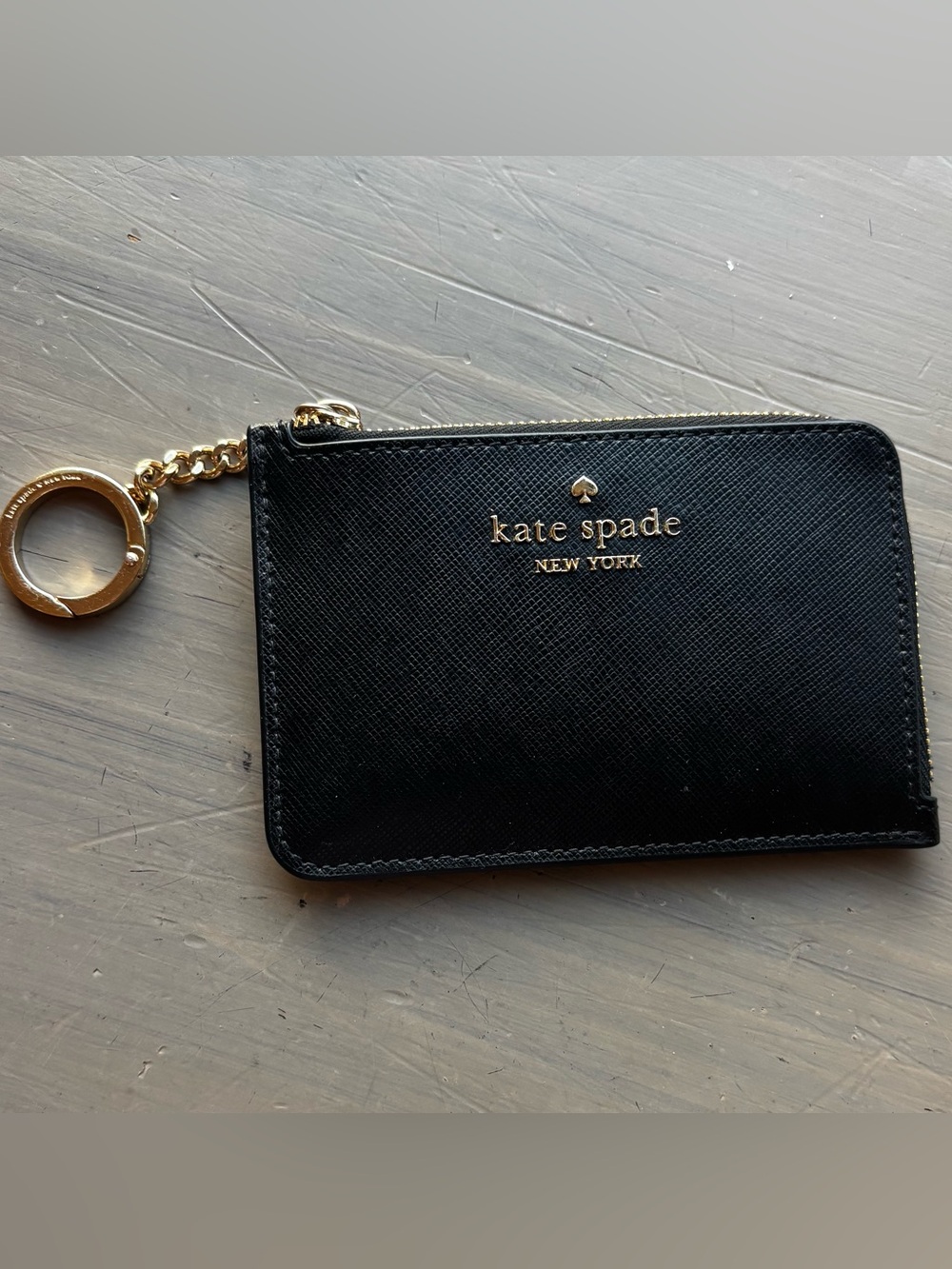 kate spade black leather wristlet card & key holder with gold hardware